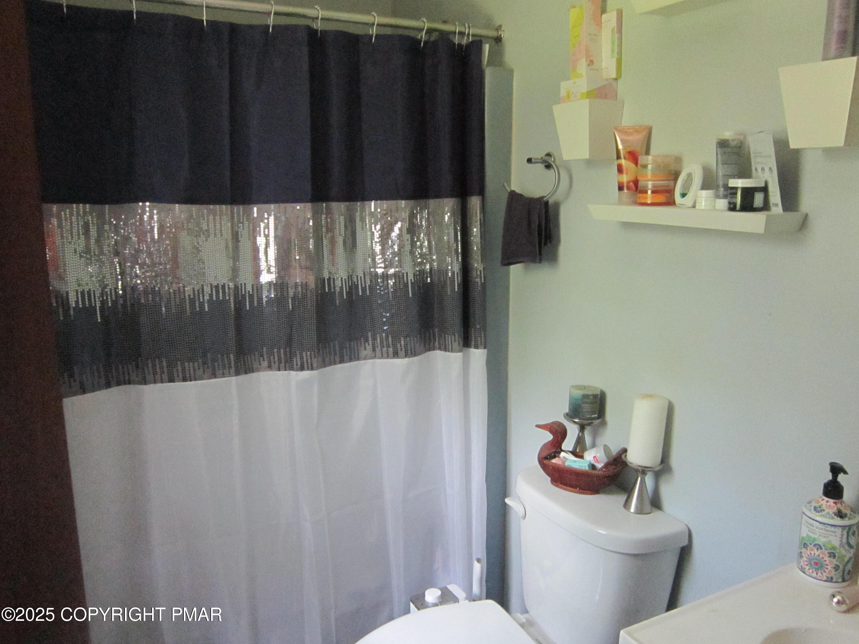 204 Mohican Road Canadensis, PA 18325 - Photo 17 of 20 a bathroom with a toilet and a shower curtain