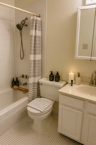 a bathroom with a sink toilet and shower