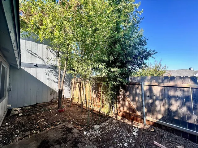 a view of a backyard with a tree