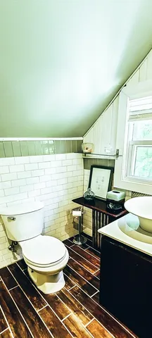 a bathroom with a toilet a sink and mirror