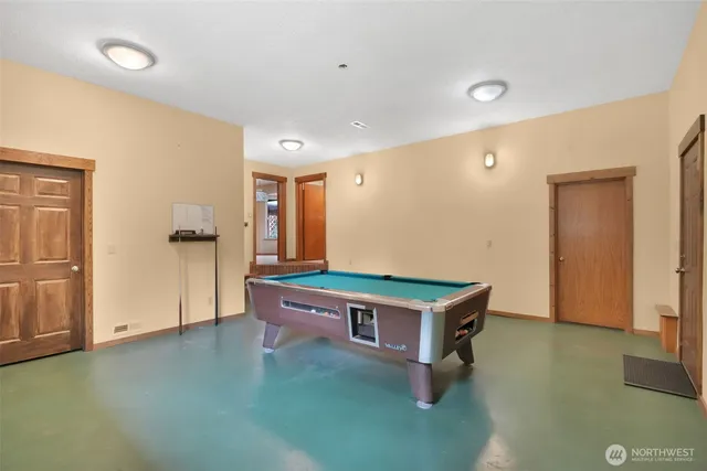 a view of a park with large trees