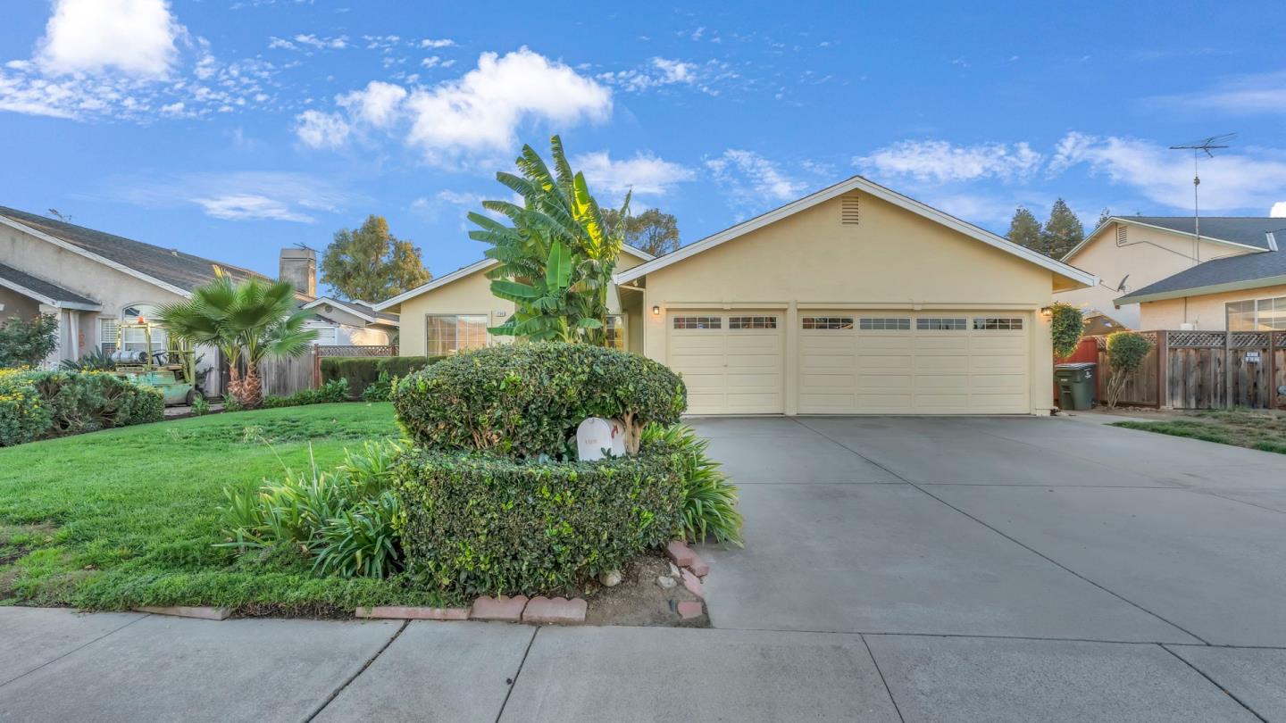 a view of a house with a yard and potted plants