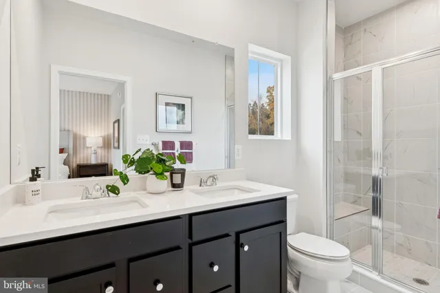 a bathroom with a double vanity sink toilet and a mirror