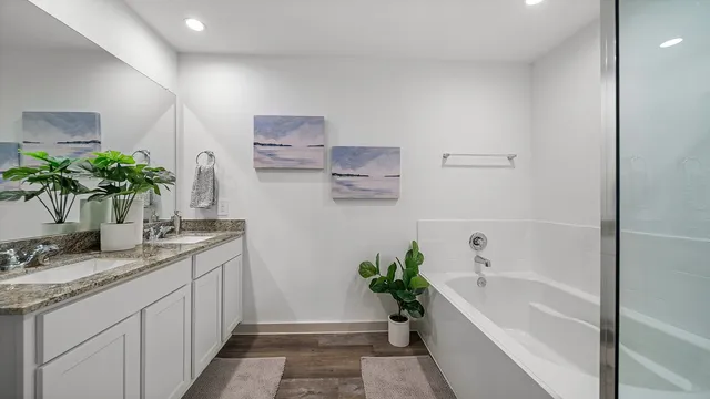 a bathroom with a tub a sink and a large mirror