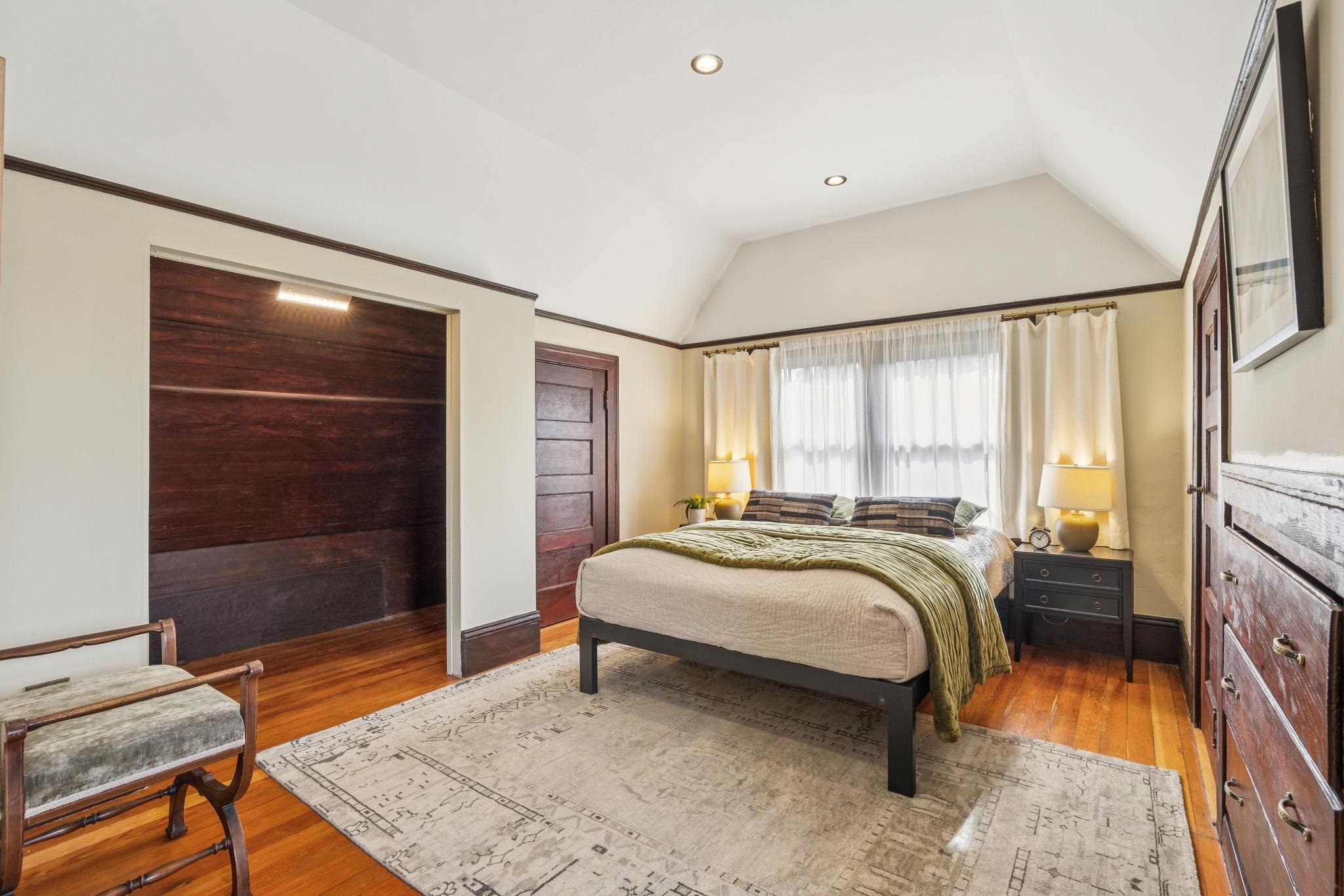2012 Rose Street Berkeley, CA 94709 - Photo 37 of 57 Bedroom with vaulted ceiling, light wood-type flooring, recessed lighting, and a closet