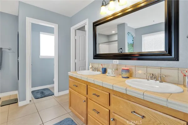 a bathroom with a sink a mirror and a shower