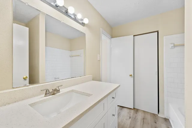 a bathroom with a sink and a mirror