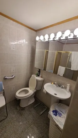 a bathroom with a toilet sink and mirror