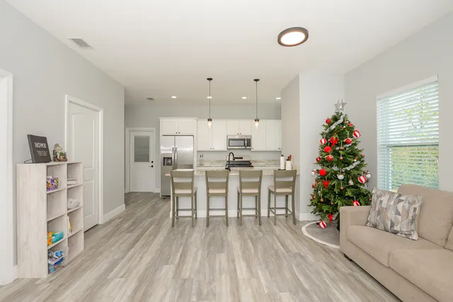 a living room with furniture and a potted plant