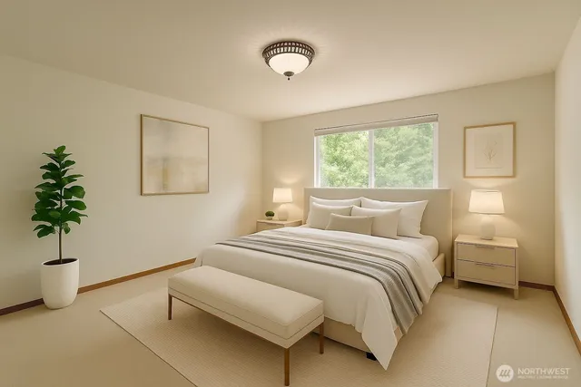 a bedroom with a bed and a potted plant