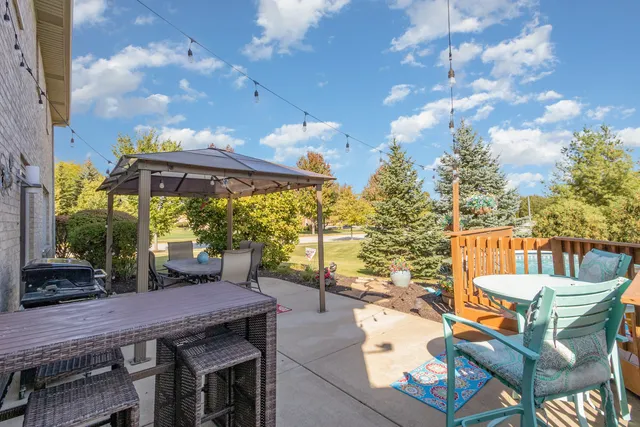 a view of a patio with table and chairs potted plants with sky view