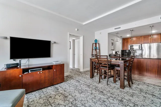 a view of a dining room with furniture