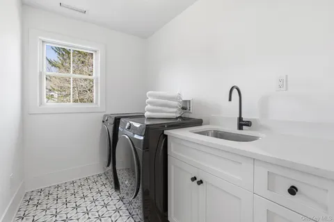 a close view of a sink and washer dryer