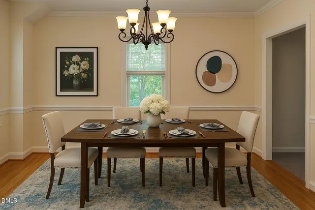 a view of a dining room with furniture and chandelier