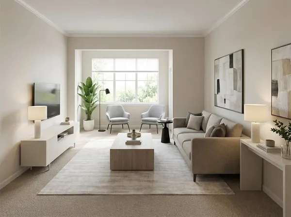 a living room with furniture and a large window