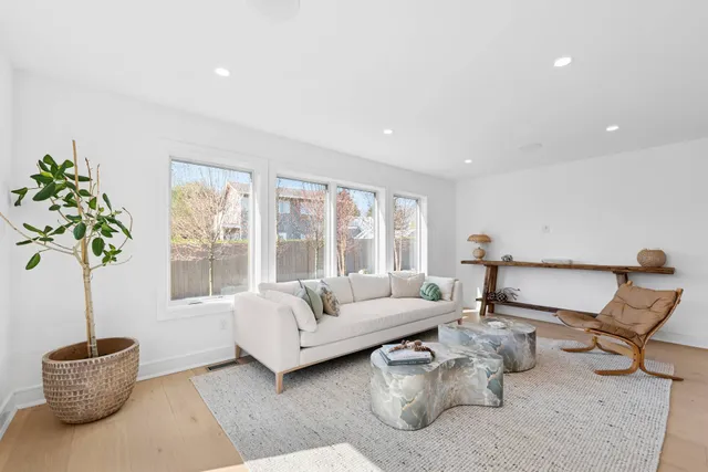 a living room with furniture and a potted plant