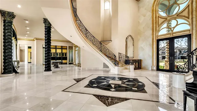 a kitchen with furniture and a fireplace