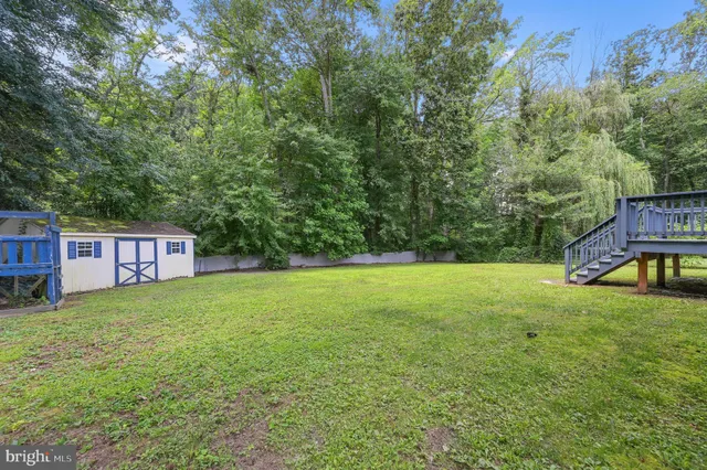 a view of a big yard with a small barn and large trees