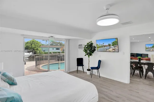a bedroom with furniture and a wooden floor