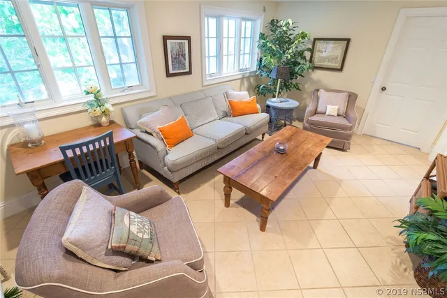 a living room with furniture and a potted plant