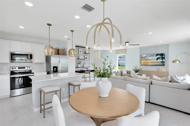 a large kitchen with a table chairs and a dining table
