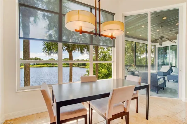 a view of a dining room with furniture window and outside view