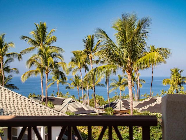 a view of a swimming pool with a lawn chairs under an umbrella