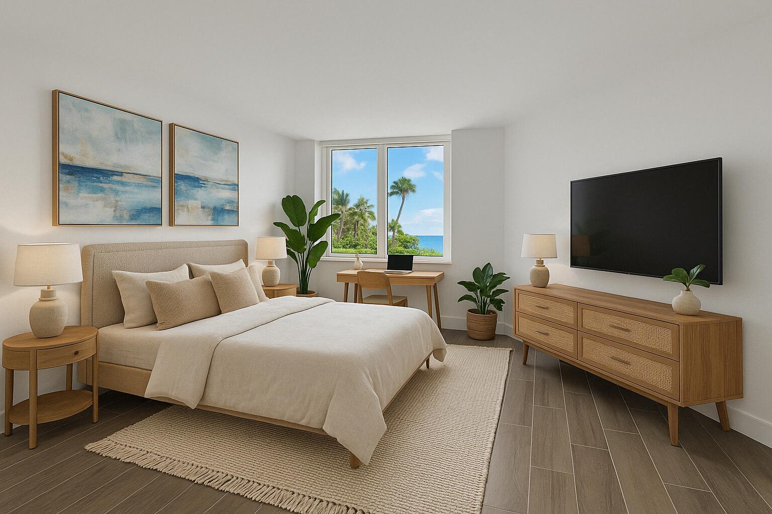 500 South Ocean Boulevard, Unit 303 Boca Raton, FL 33432 - Photo 14 of 46 a bedroom with a bed and a flat screen tv