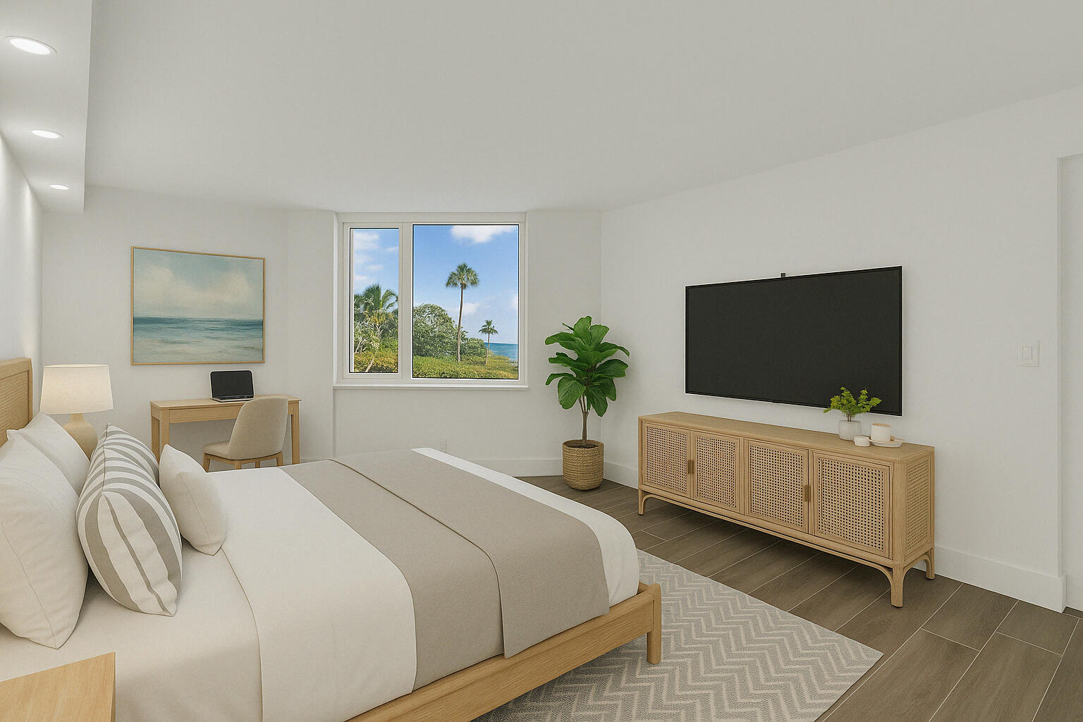 500 South Ocean Boulevard, Unit 303 Boca Raton, FL 33432 - Photo 15 of 46 a bedroom with a bed and a flat screen tv