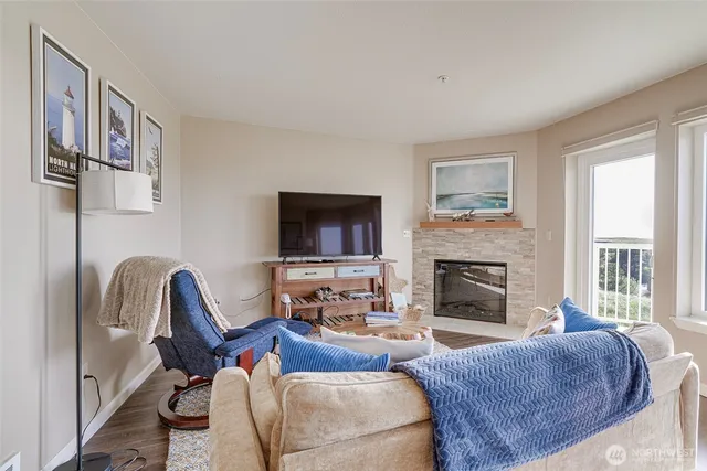 a living room with furniture a flat screen tv and a fireplace