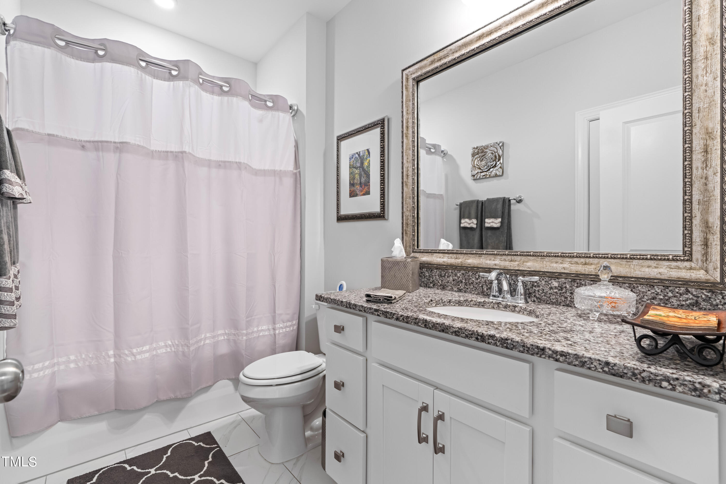 190 Hidden Bluff Drive Pittsboro, NC 27312 - Photo 29 of 58 a bathroom with a granite countertop sink a toilet and a mirror