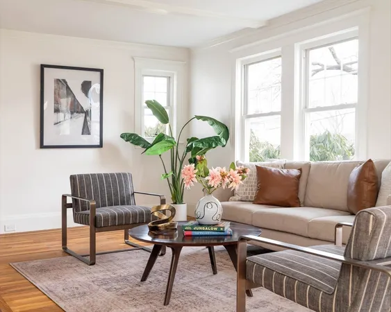 a living room with furniture potted plant and a window