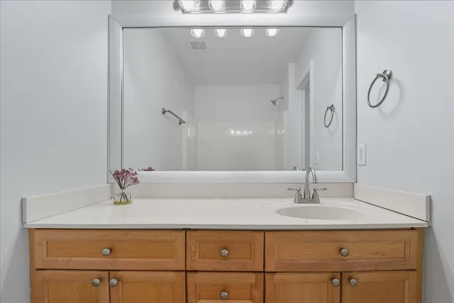 a bathroom with a sink and a mirror
