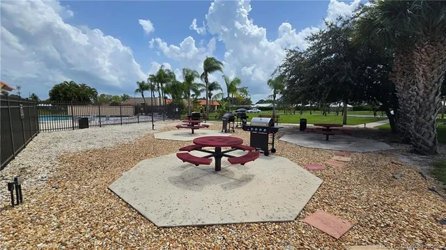 a view of a backyard with sitting area