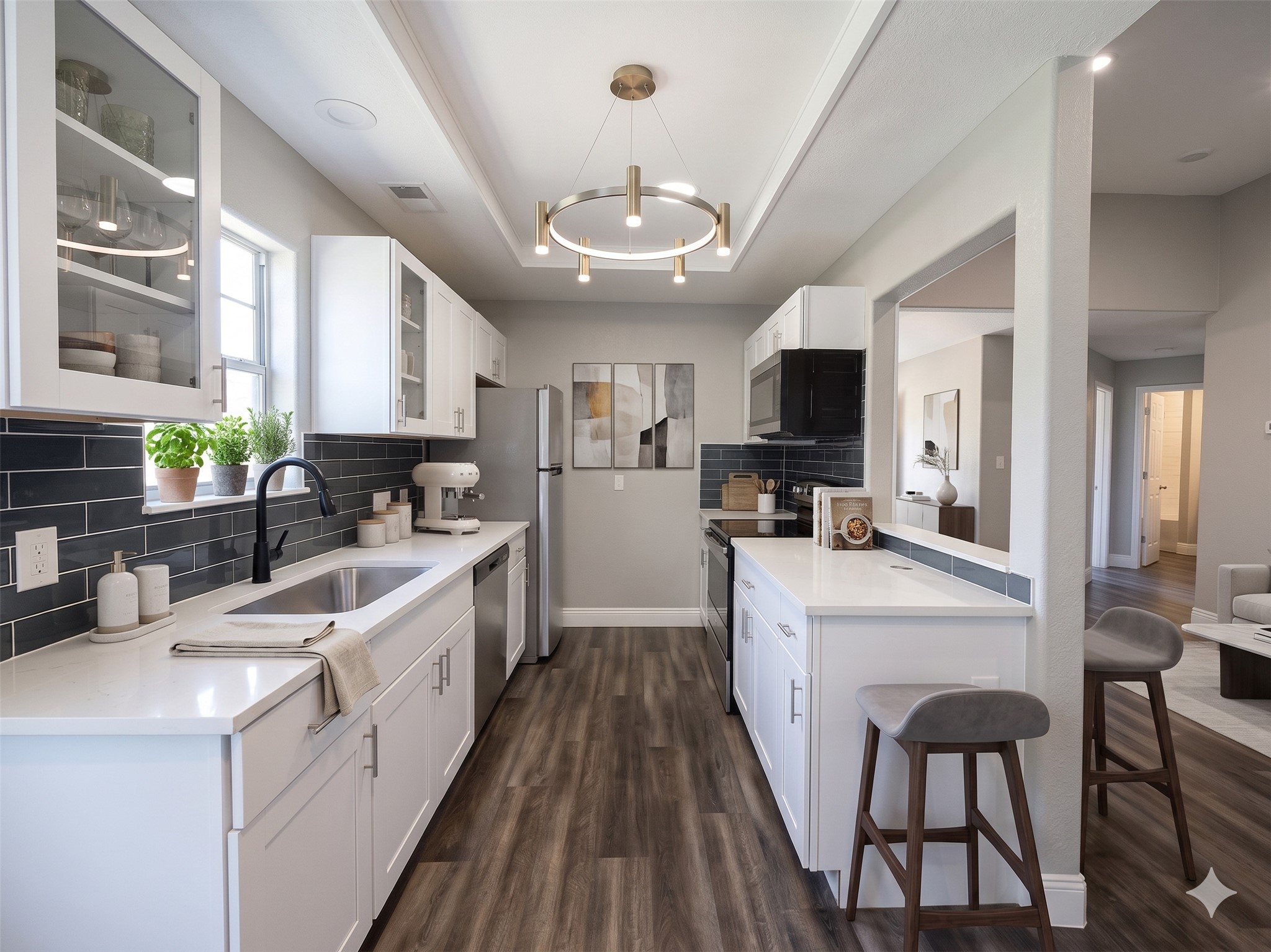 2004 Maple Street Georgetown, TX 78626 - Photo 2 of 31 Modern kitchen featuring white cabinetry, light countertops, dark subway tile backsplash, stainless steel appliances, and wood-finish flooring