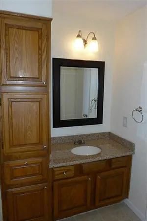 a bathroom with a sink a toilet and mirror