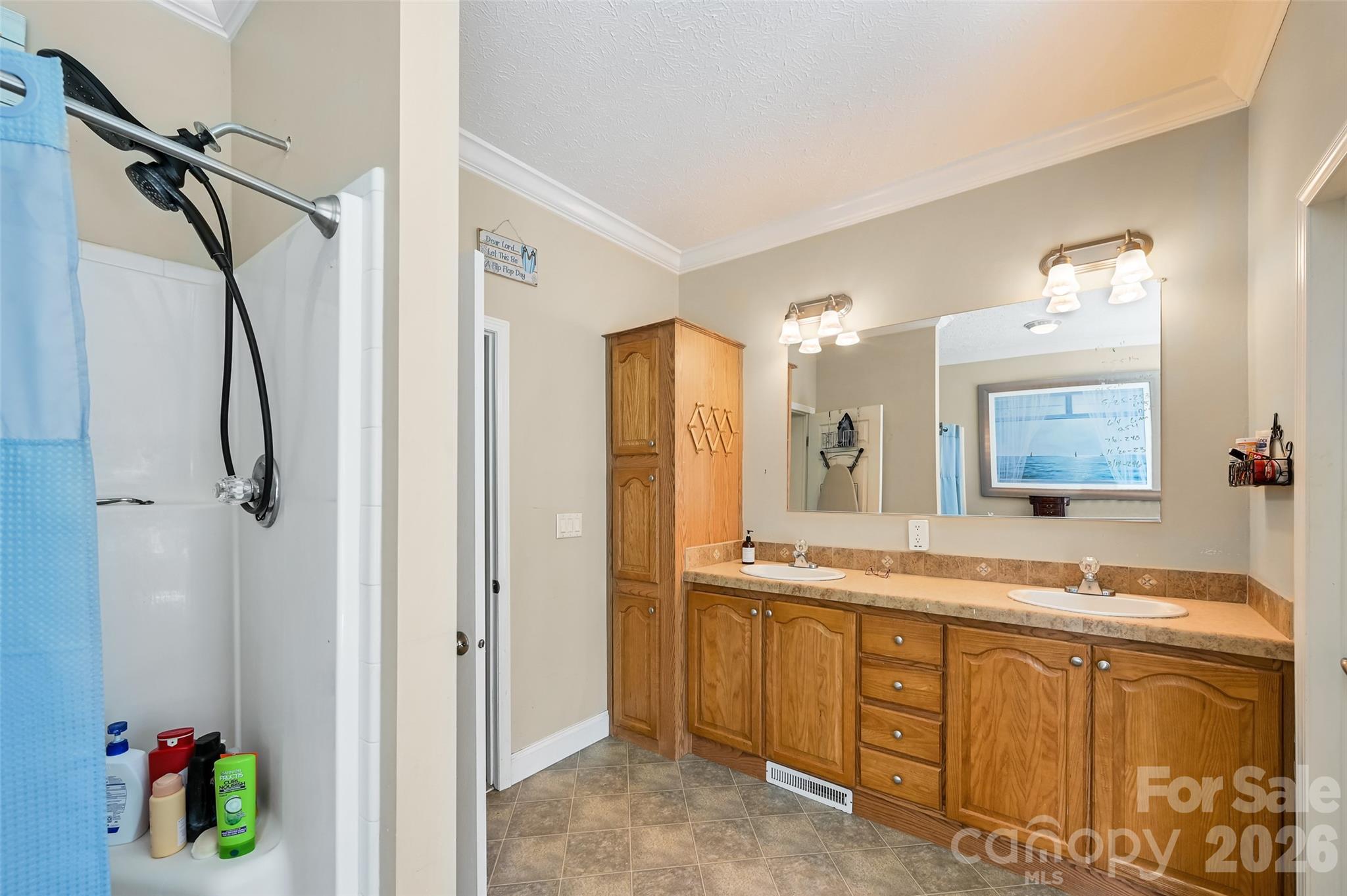 371 Starnes Cove Road Candler, NC 28715 - Photo 13 of 21 a bathroom with a granite countertop sink mirror and a shower