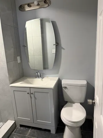 a bathroom with a toilet sink and mirror