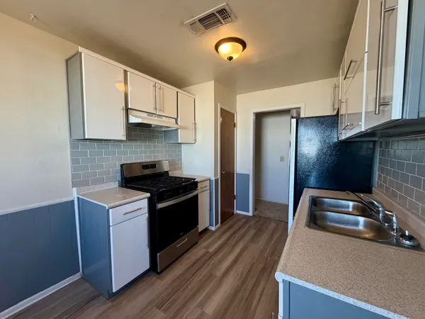 a kitchen with a stove and a sink