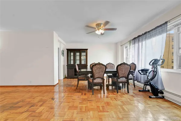 a view of a dining room with furniture
