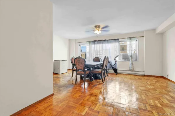a view of a dining room with furniture