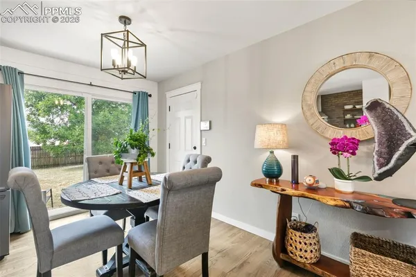 a view of a dining room with furniture window and outside view