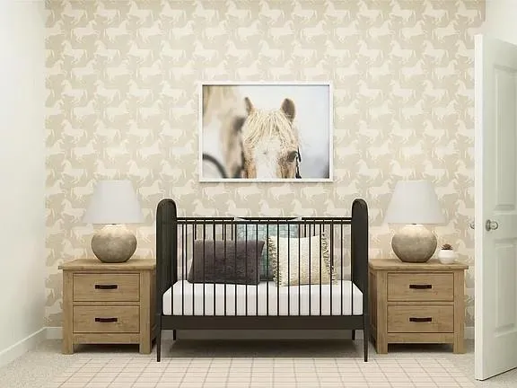 a bedroom with bed and painting on the wall