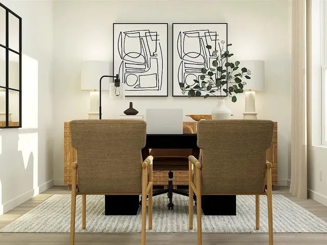 a living room with furniture and a potted plant