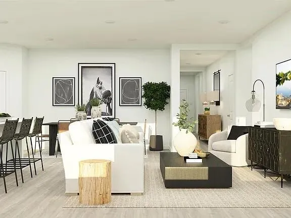 a view of a living room with furniture and a potted plant