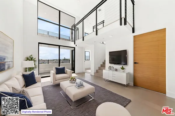 a living room with furniture a flat screen tv and a large window