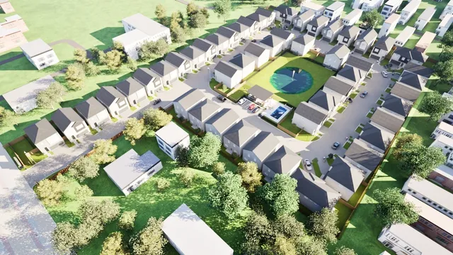 an aerial view of residential house with outdoor space and pool