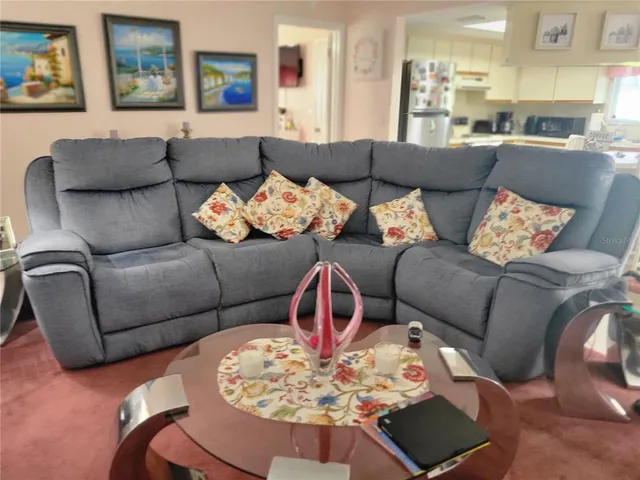 a living room with furniture ceiling fan and a rug
