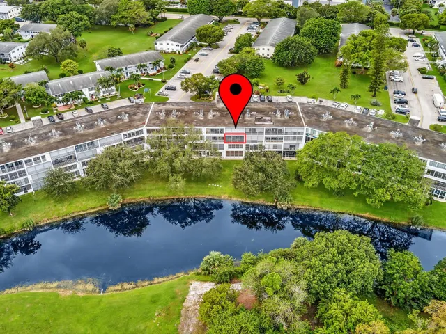 a view of a park with large trees