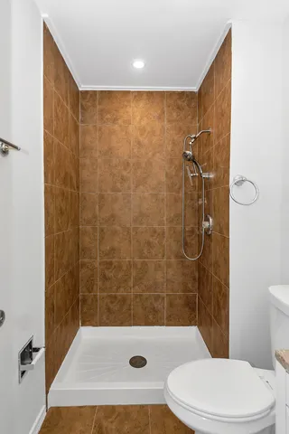 a bathroom with a shower and a toilet